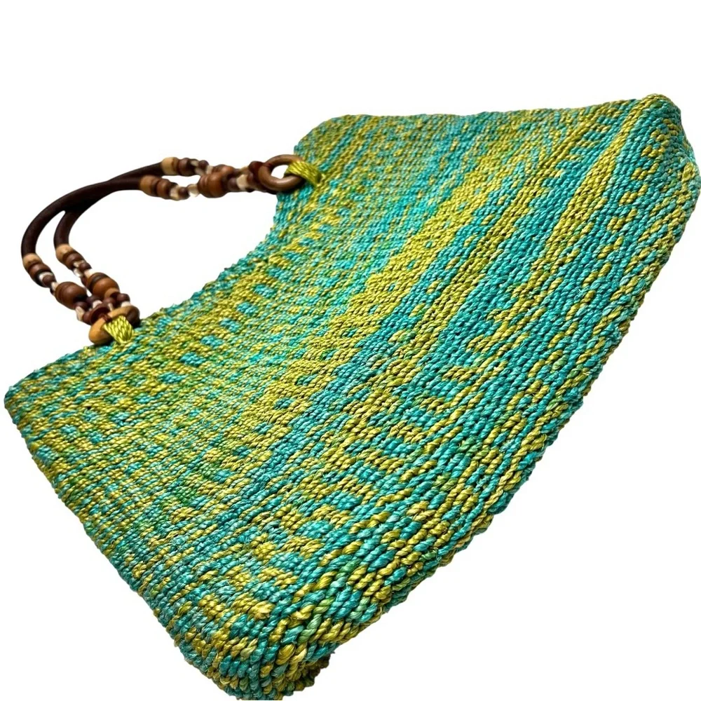 EMMA‎ ROSE Woven Raffia Straw Green Shoulder Strap Bag Tote Beach Resort Artsy